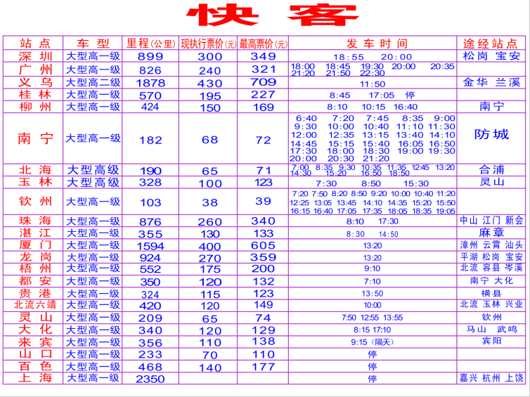 东兴市汽车客运站客运班线时刻表